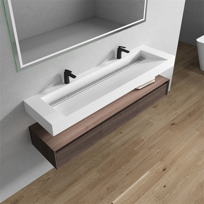 Alysa 72'' Floating Vanity, Acrylic Sink, Double Faucet Hole, Red Oak