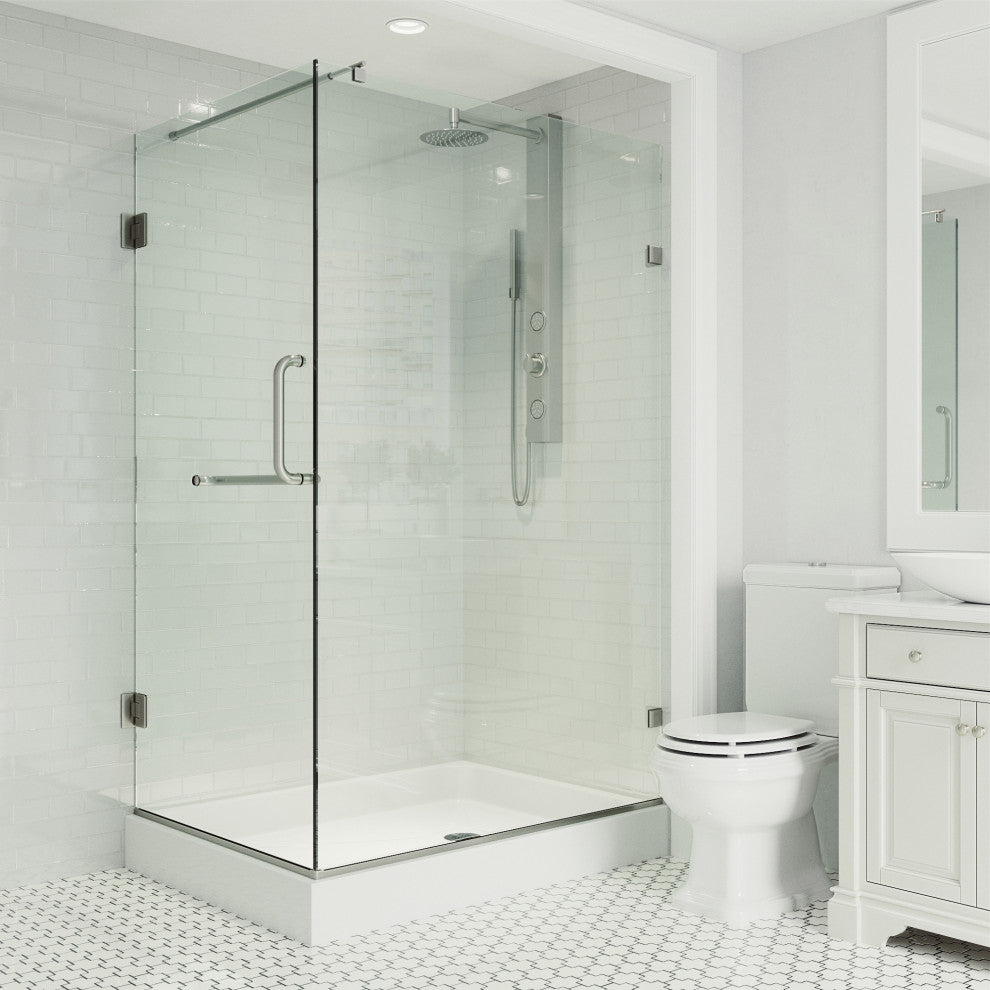 VIGO Pacifica 48"D x 36"W x 79"H Frameless Hinged Shower Enclosure, Brushed Nickel, Right Base
