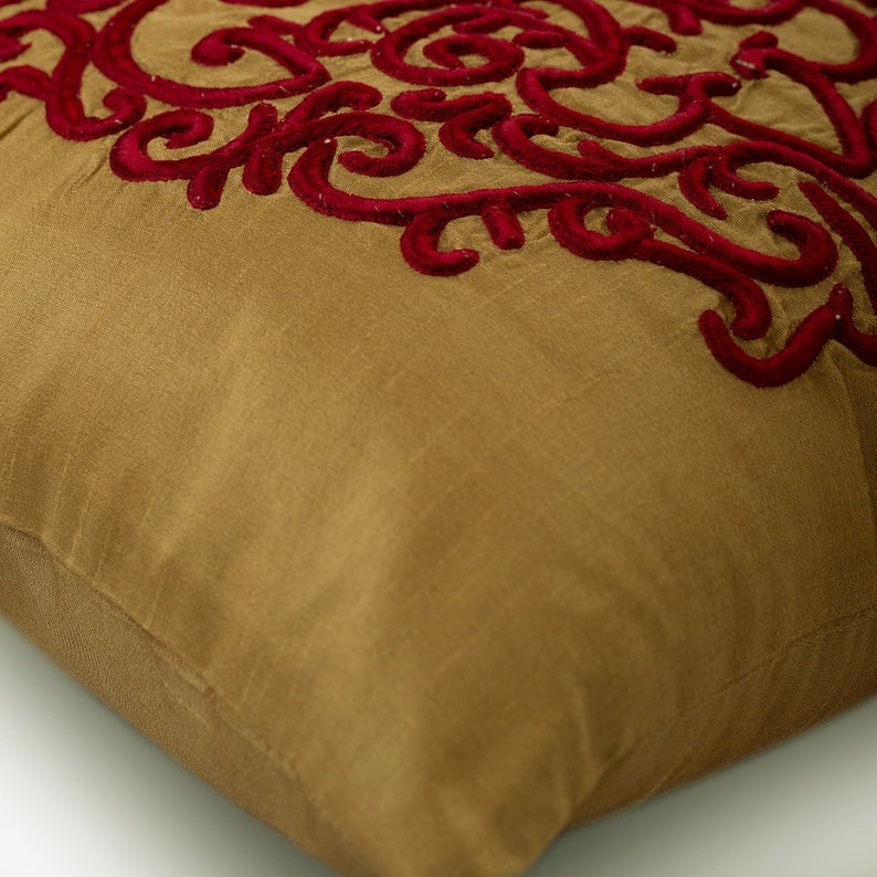 Damask Embroidery Red & Gold Art Silk 26"x26" Pillow Cover, Red Damascus