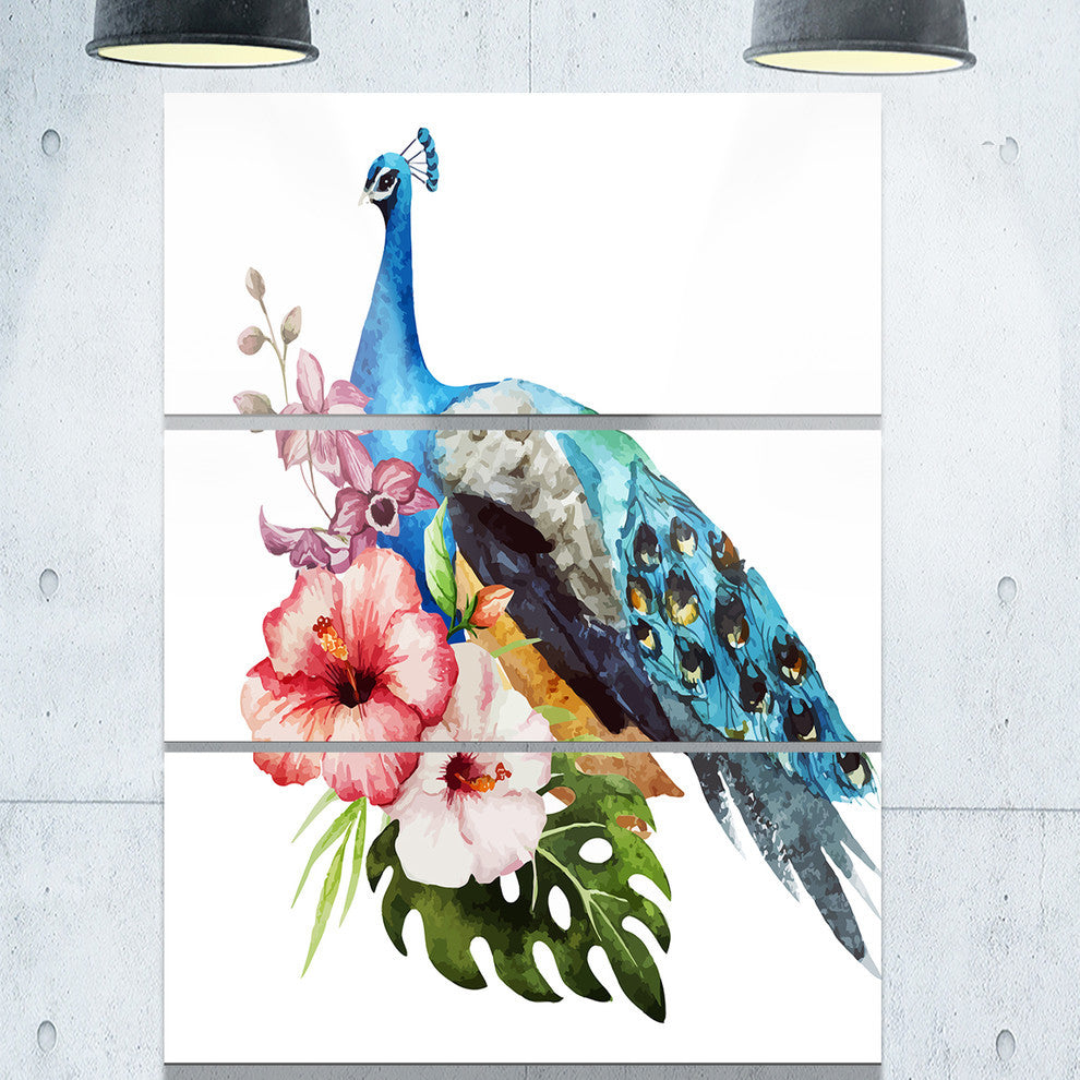 "Hibiscus Flowers and Blue Peacock" Metal Wall Art, 3 Panels, 28"x36"