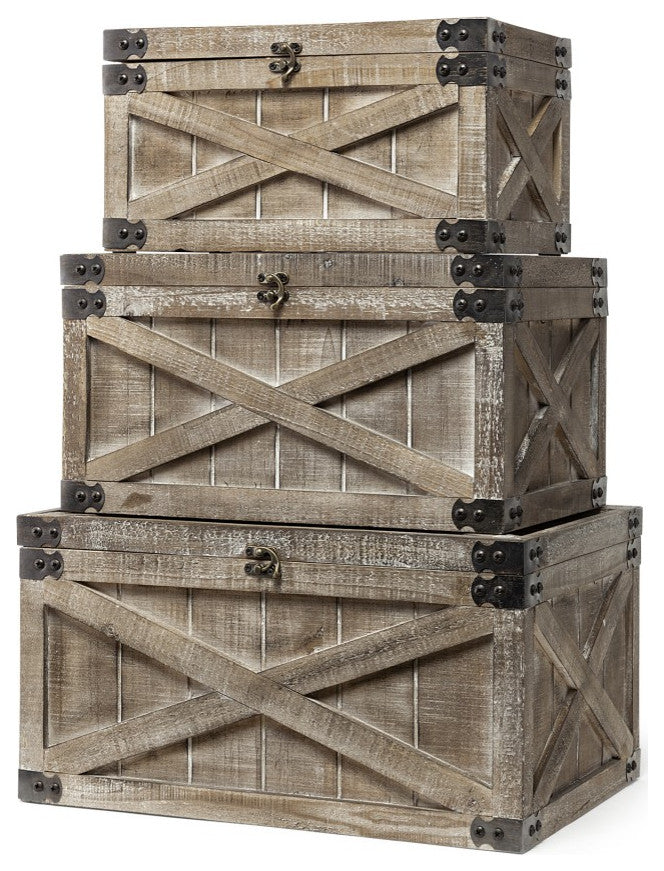 Set of Three Brown Wooden Storage Boxes