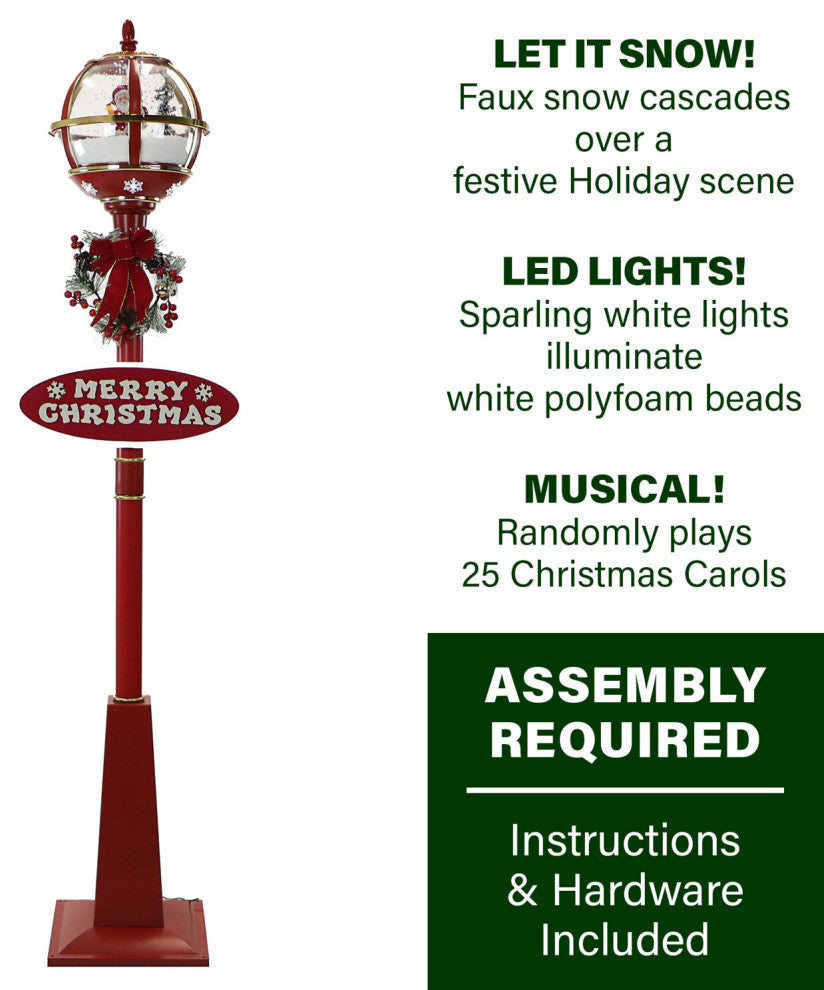Let It Snow 69" Snow Globe Lamp Post, Red, Santa, 2 Signs, Snow, Holiday Carols