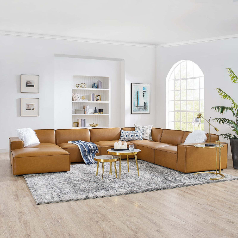Sectional Sofa Set, Faux Vegan Leather, Tan, Modern, Living Lounge Hospitality