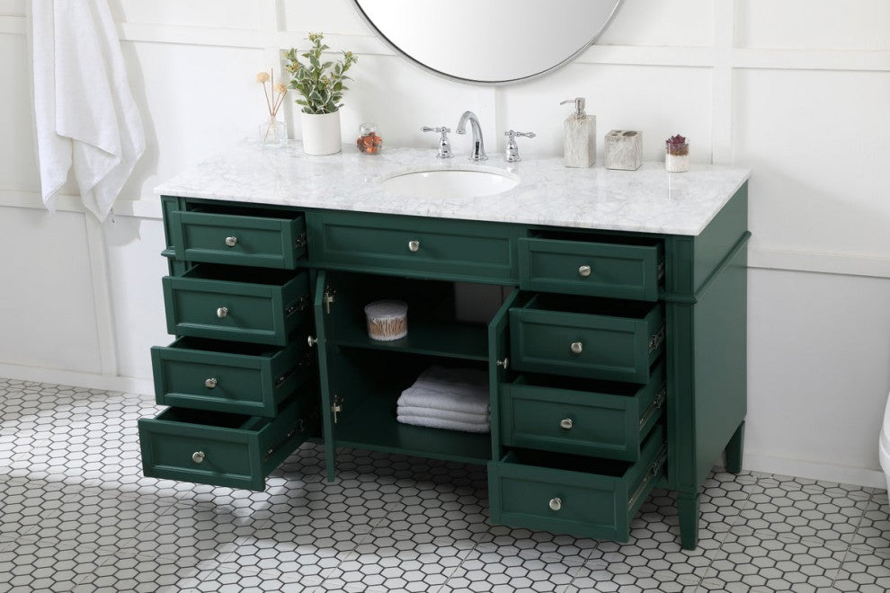 Home Living Vanity with Carrara White Marble Countertop, Green, 60", Single Sink