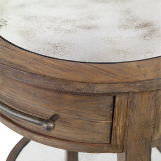 Classic Round Light Wood Accent Table | Drawer Mirrored Transitional Elegant