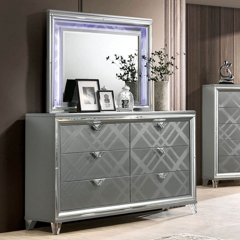 Mirror and Wood Chest with 6 Drawers, Silver