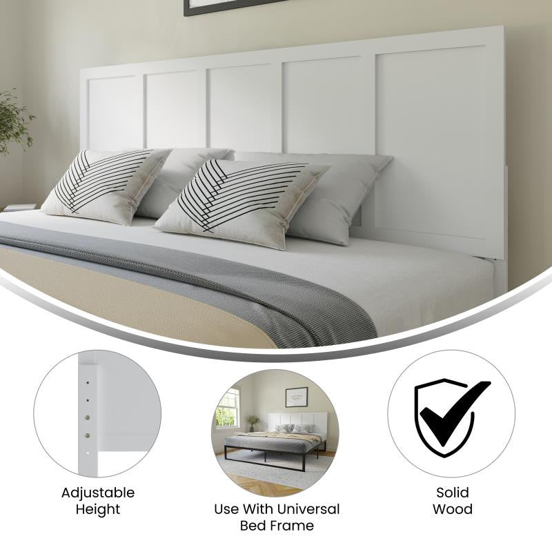Oliver Paneled Wooden Adjustable Headboard for Metal Bed Frames, White, King