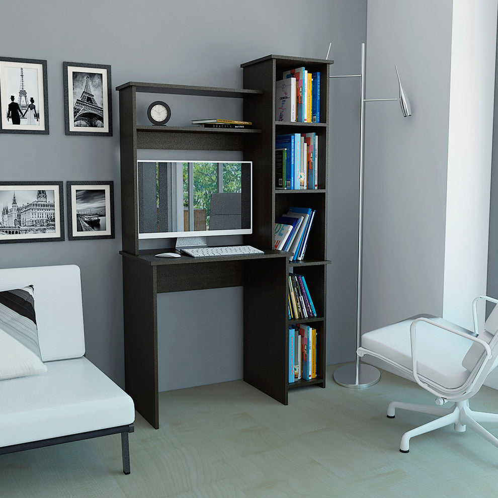 TATEUS 6-Shelf Home Office Writing Desk with Built-in Bookcase, Black