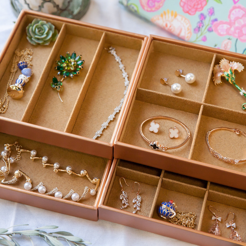 Stackable Jewelry Trays Organizer Storage, Camel Brown, Set of 4