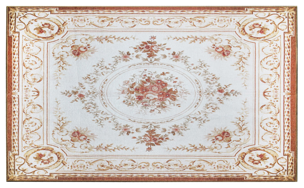 My Magic Carpet Washable Rug Aubusson Beige, 3' X 5'