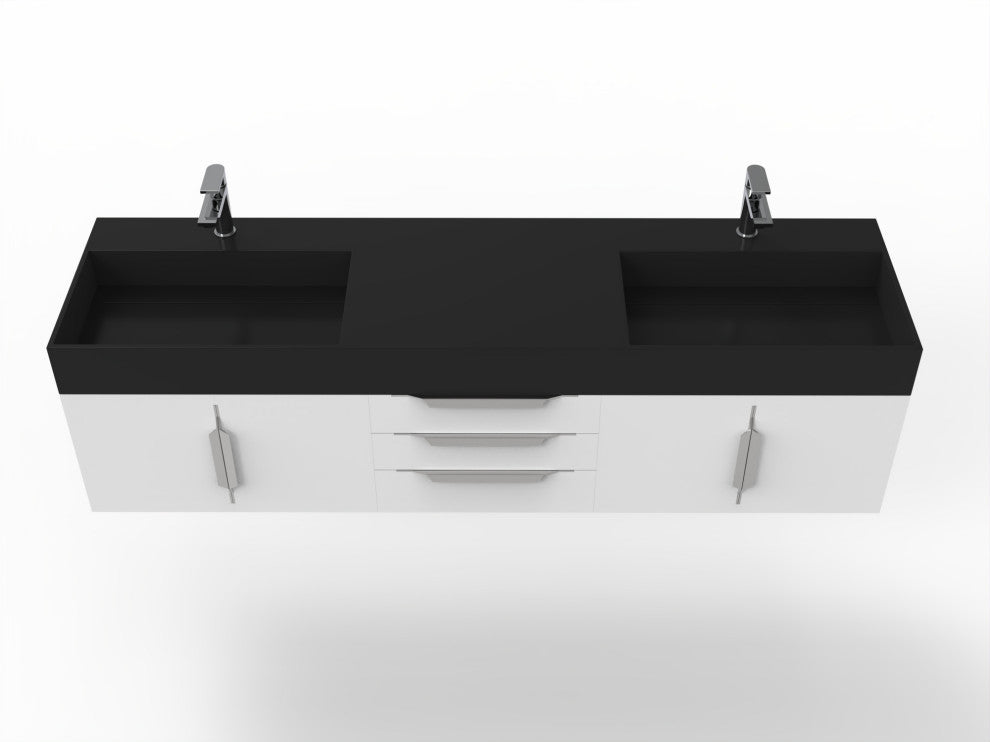 CastelloUSA Amazon 72" Wall Mounted Vanity Set, White, Black Top, Chrome Handles