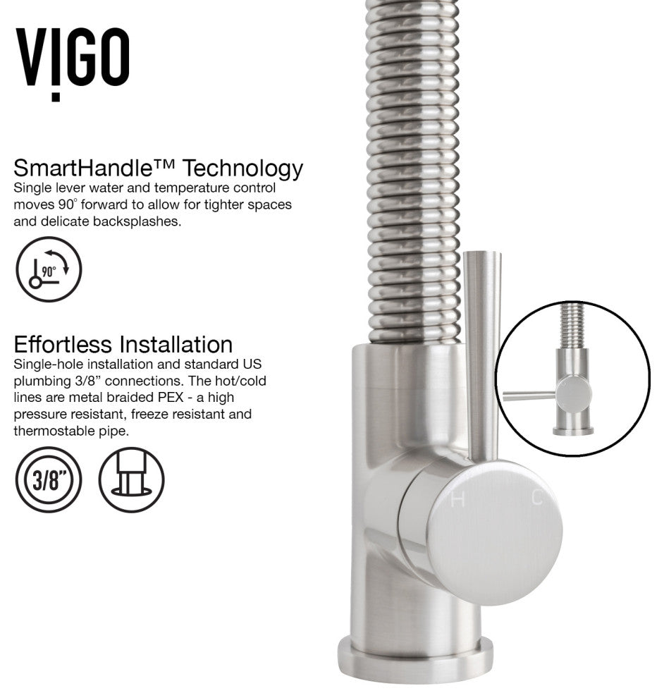 VIGO Brant 19" H Single Handle Pull-Down Sprayer Kitchen Faucet, Stainless Steel, Without Extras
