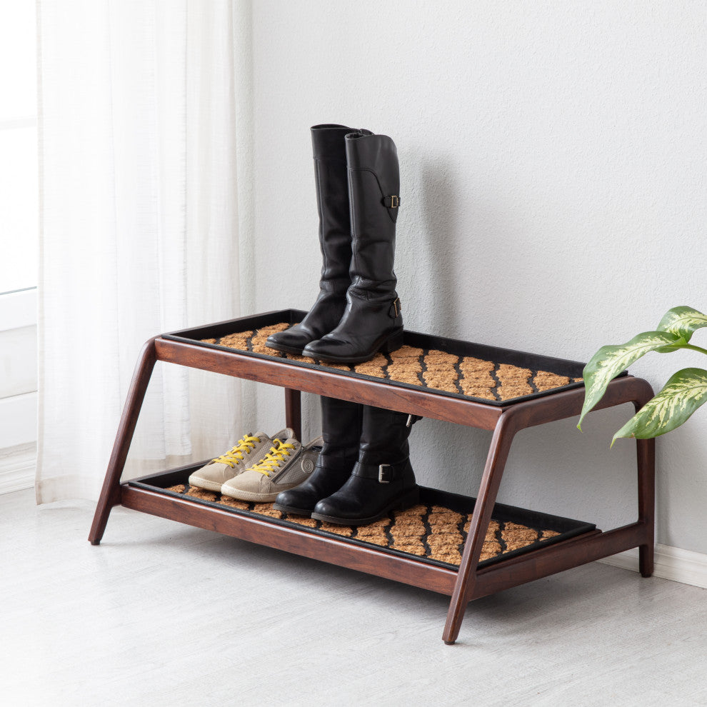 Double-Tier Brown Stand With 3-Pair Rubber Boot Trays Shangri-La