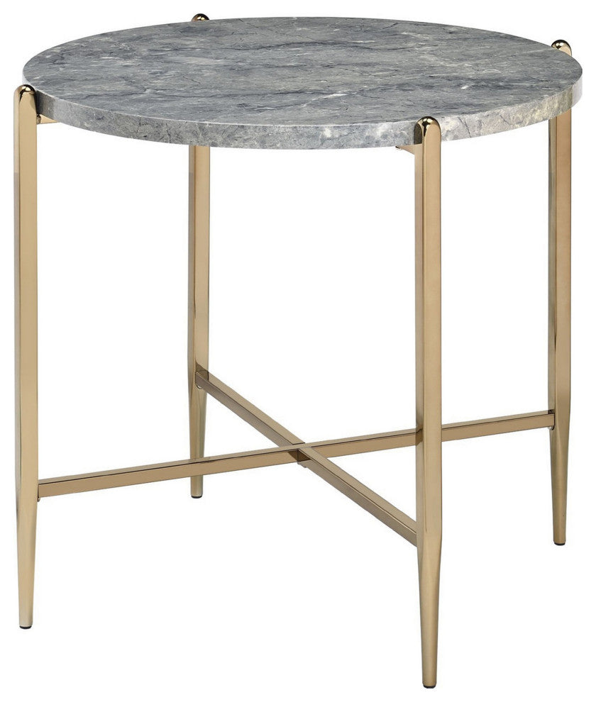 Benzara BM250396 End Table With Oval Marble Top and X Shaped Support, Gray/Gold