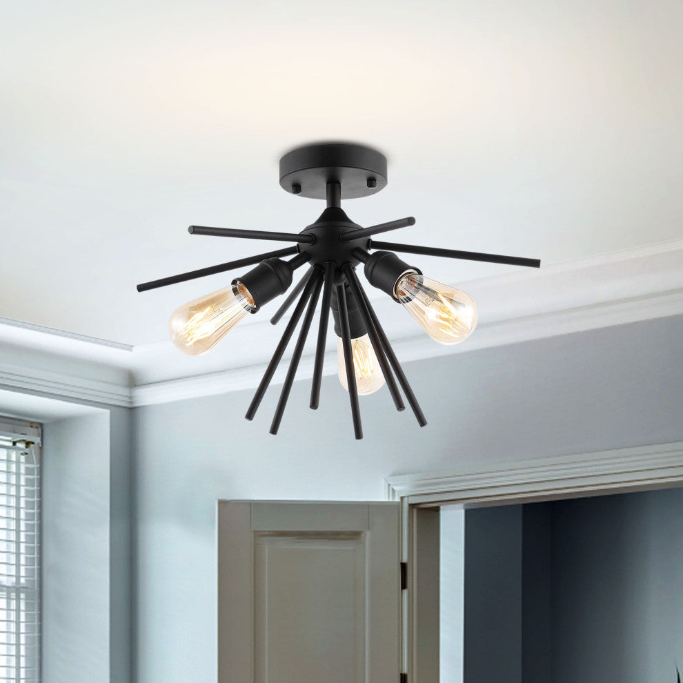 3-Light Sputnik Semi-Flush Mount Ceiling Light, Black