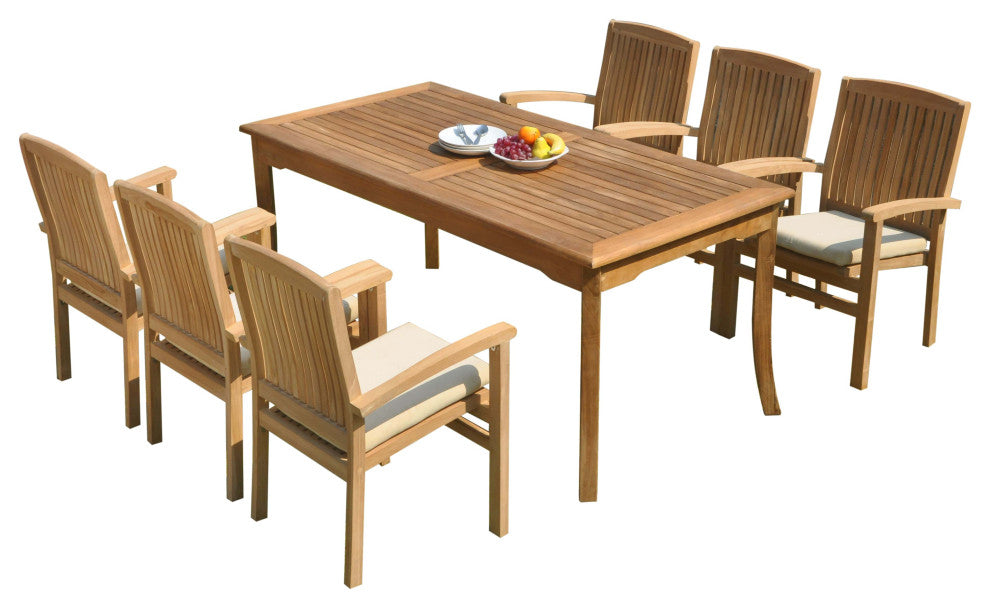 7-Piece Outdoor Teak Dining Set: 83" Rectangle Table, 6 Wave Stacking Arm Chairs