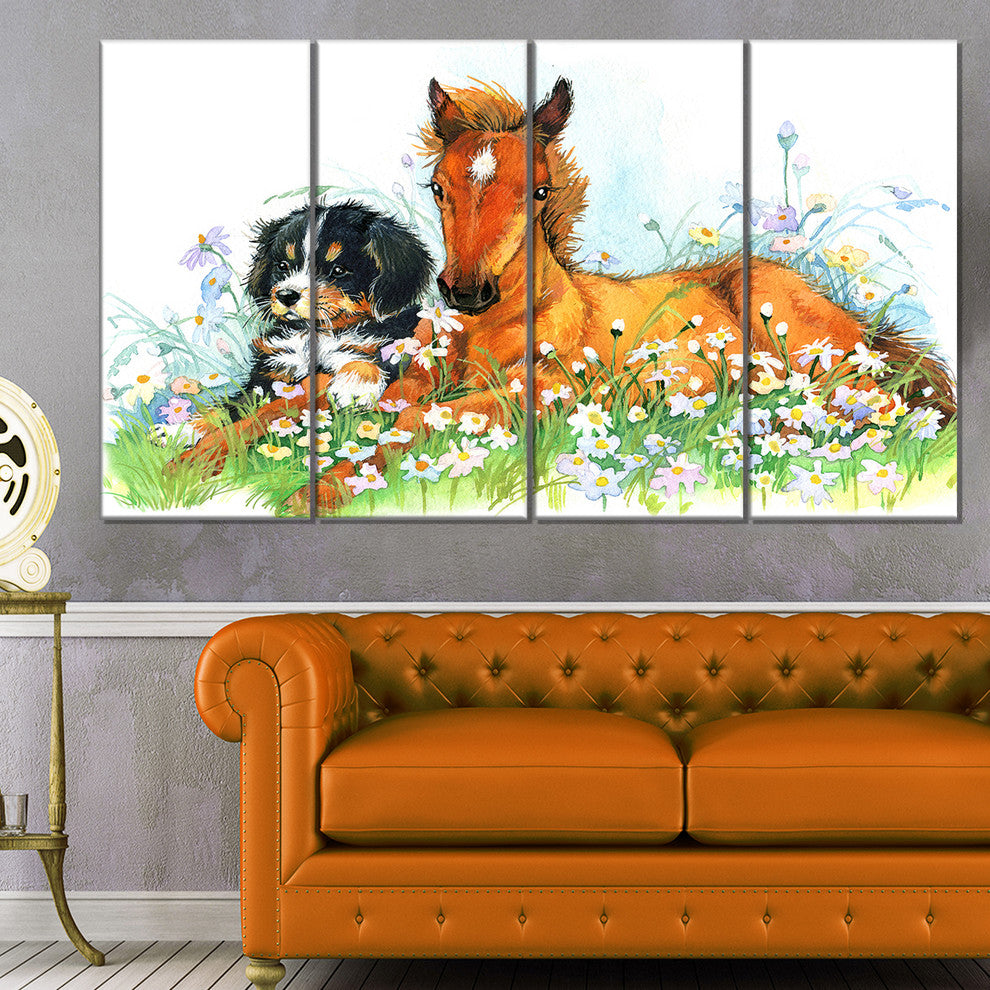 Relaxing Brown Cute Horse, Animal Canvas Art Print, 48"x28", 4 Panels