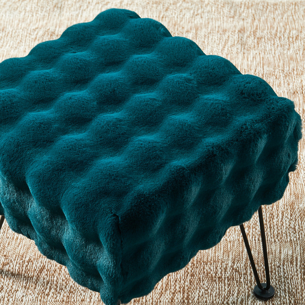 Bubble Square Faux Fur Ottoman Stool, Teal, 17''x17''x17''