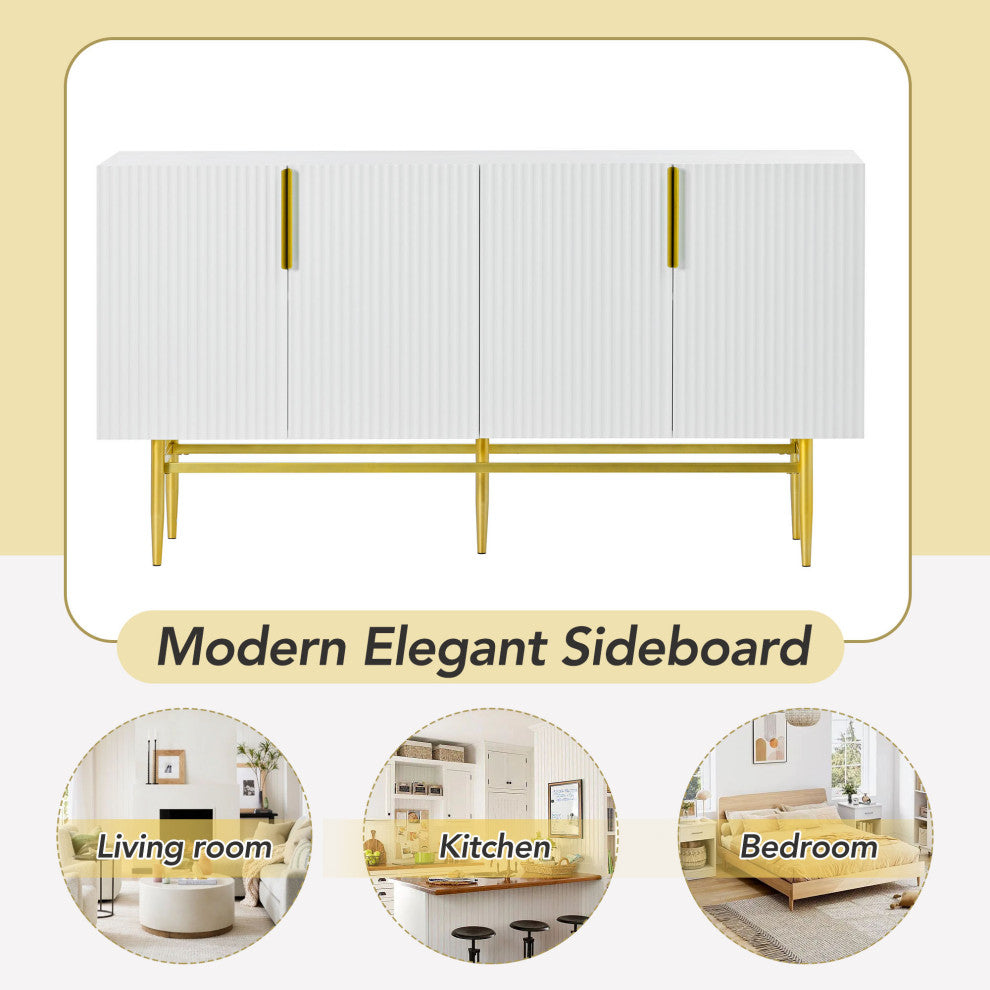 TATEUS 60" Modern Elegant 4-door Sideboard,Gold Metal Handle Storage Cabinet, White