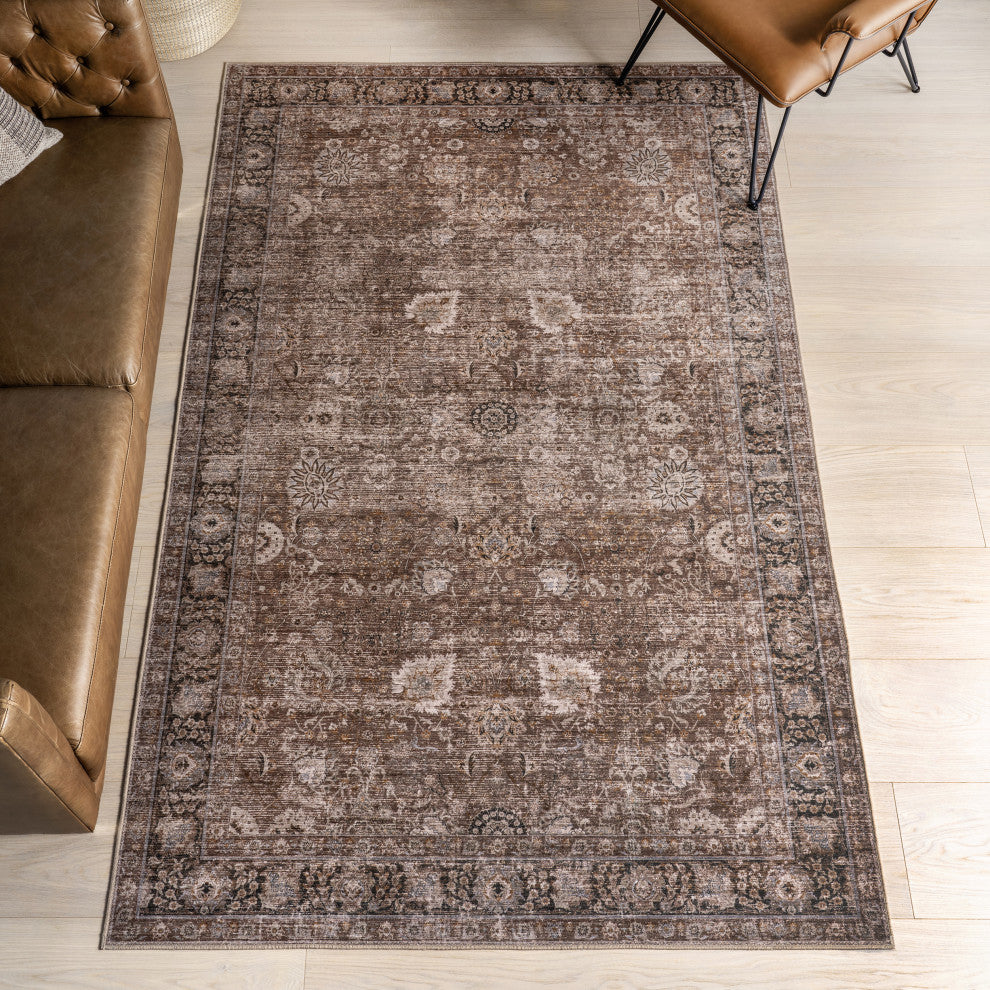 Bayberry Spill Proof Vintage Machine Washable Area Rug, Brown 3'x5'