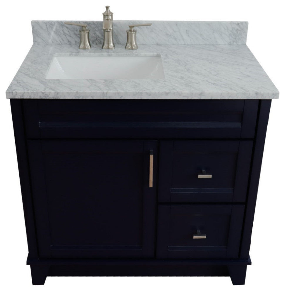 37" Single Sink Vanity, Blue Finish With White Carrara Marble