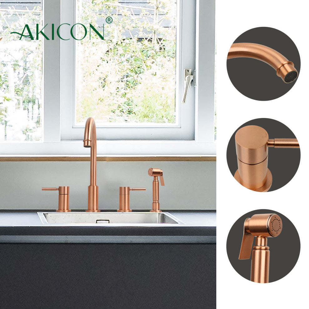 Two-Handles Copper Widespread Kitchen Faucet With Side Sprayer, Copper