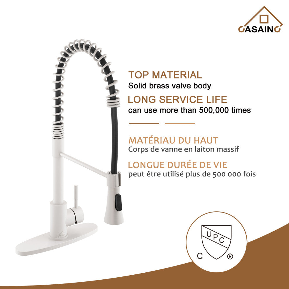 Spring Standard Kitchen Faucet with Dual-Function Spray Head and Deck Plate, Matte White