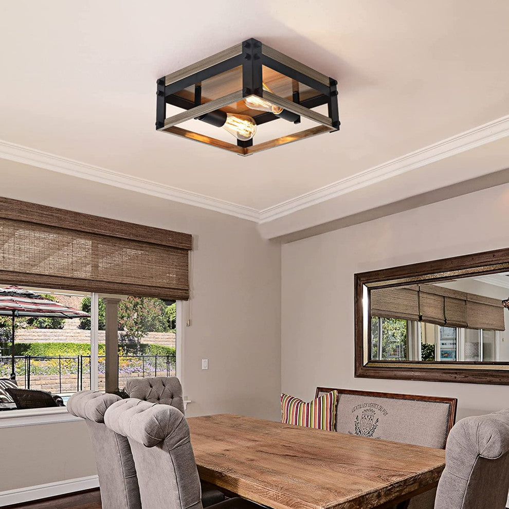 2 Light Flush Mount Ceiling Light Fixture Farmhouse Rust Black and Wood Ceiling