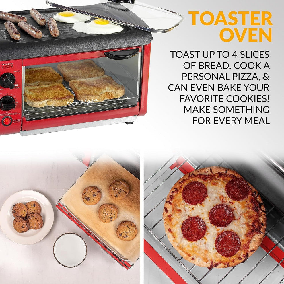 3-in-1 Breakfast Station - Includes Coffee Maker, Non-Stick Griddle, and 4-Slice, Red Breakfast Station