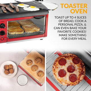 3-in-1 Breakfast Station - Includes Coffee Maker, Non-Stick Griddle, and 4-Slice, Red Breakfast Station