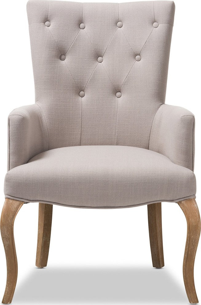 Clotille French Provincial Beige Fabric Upholstered Whitewashed Oak Lounge Chair