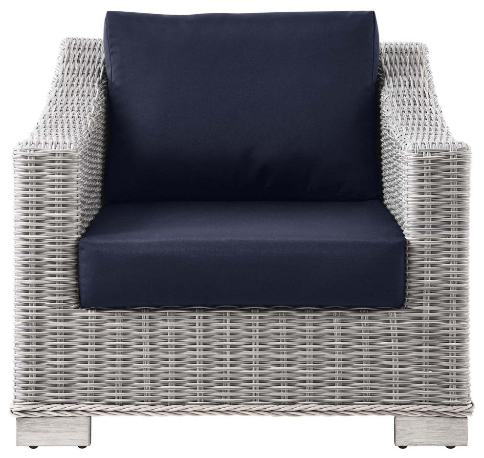 Side Chair Armchair, Rattan, Wicker, Gray Blue Navy, Modern, Outdoor Patio