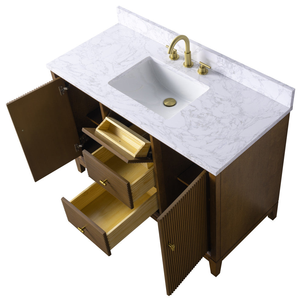 Vanity Art Bathroom Vanity with Engineered Marble Top and Sink, Walnut, 48", Golden Brushed