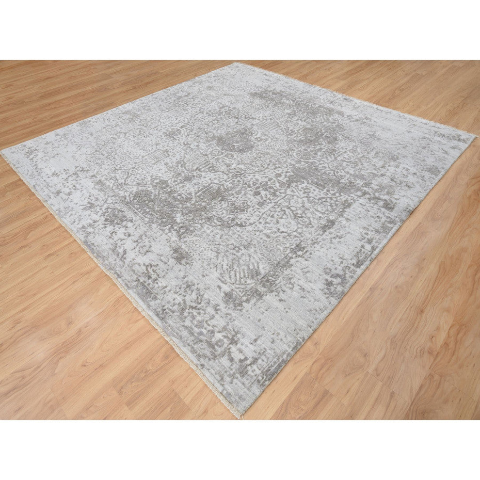 Gray Broken Persian Design Hand Knotted Wool and Silk Square Rug, 10'0"x10'0"