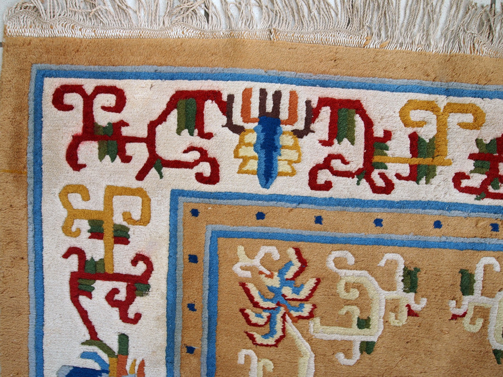 Handmade vintage Art Deco Chinese rug 3.9' x 6.9' ( 120cm x 213cm ) 1960s
