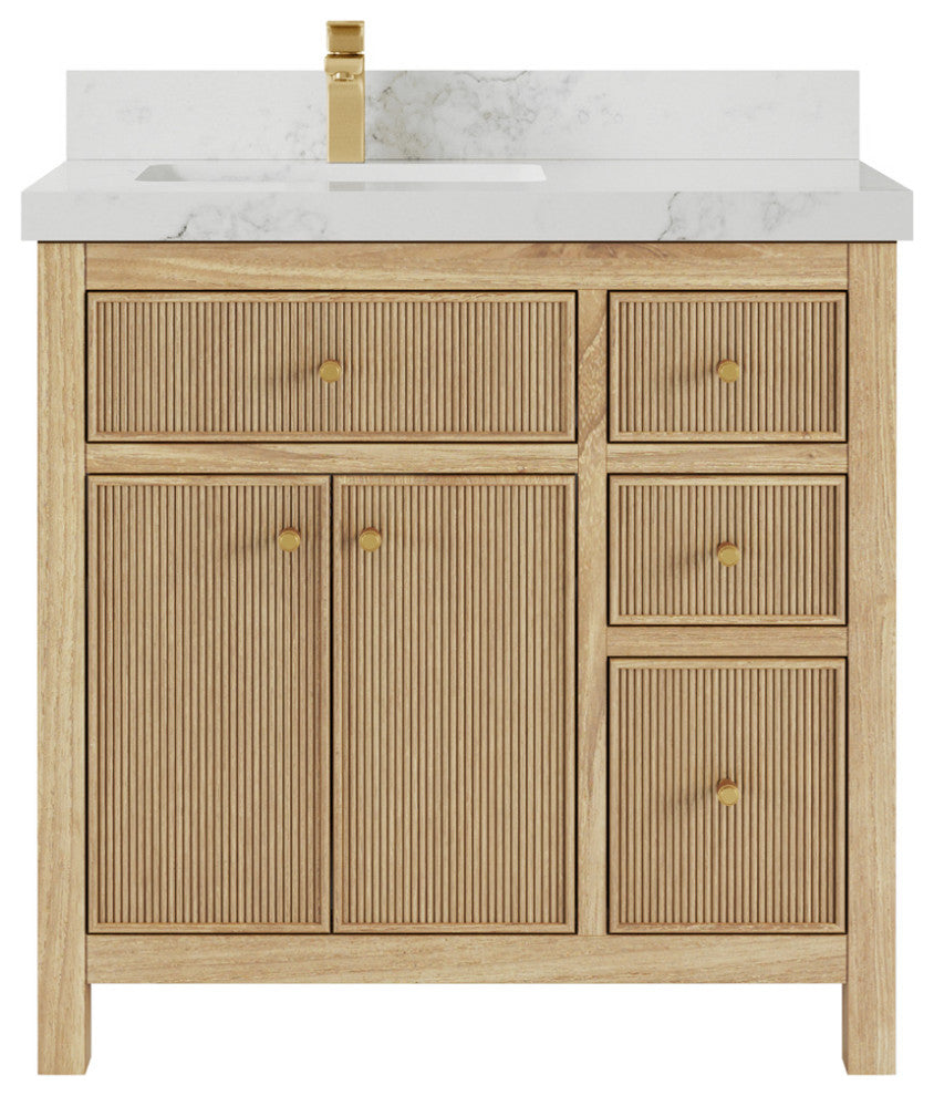 Sonoma 36 Left Offset Bath Vanity in Light Natural Teak with 2" Calacatta Nuvo