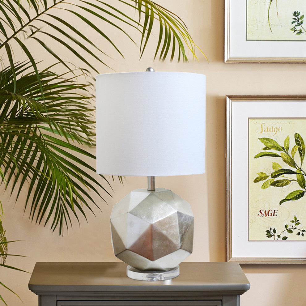 Silver Foiled Framed Table Lamp With White Linen Drum Shade