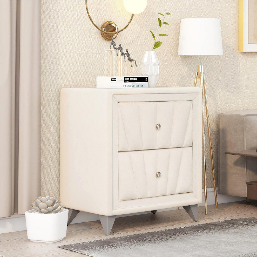 2-Drawer Wood Nightstand with Velvet Fabric and Glass Worktop, Beige