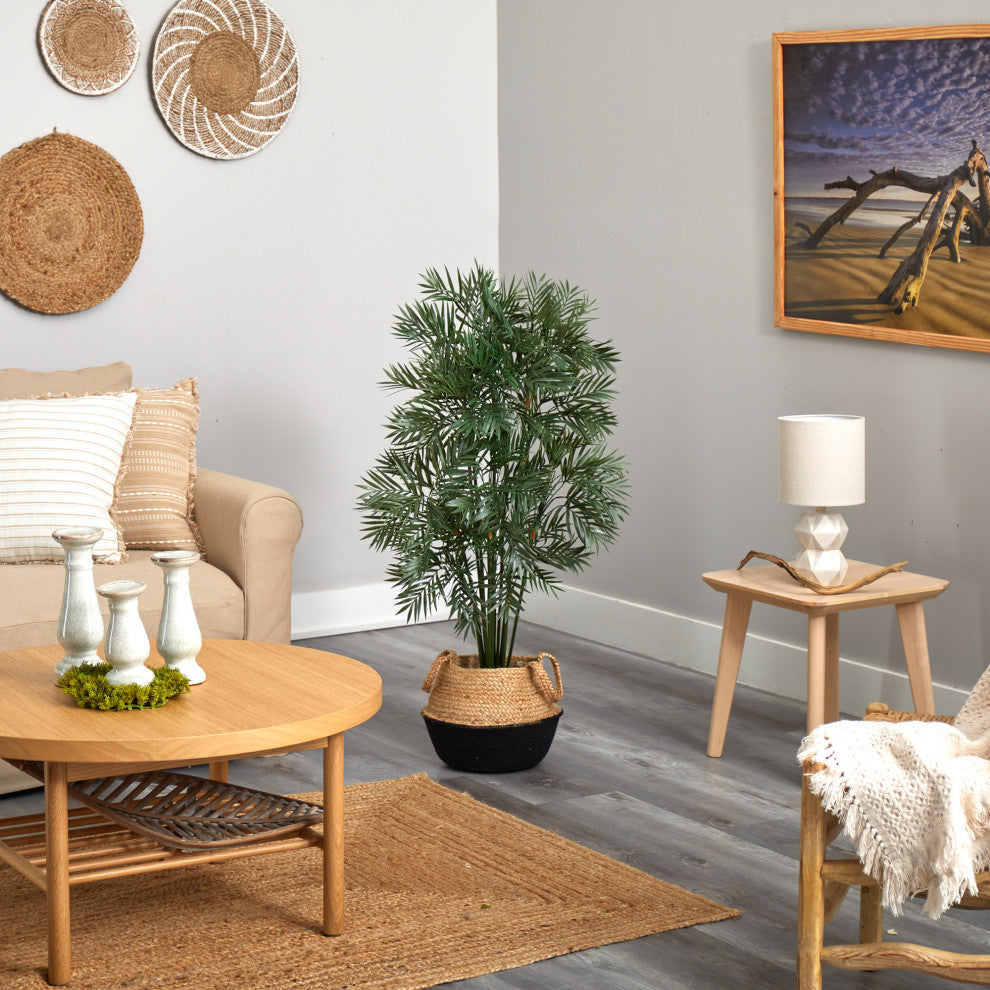 4' Parlor Palm Artificial Tree in Boho Chic Cotton & Jute Black Woven Planter