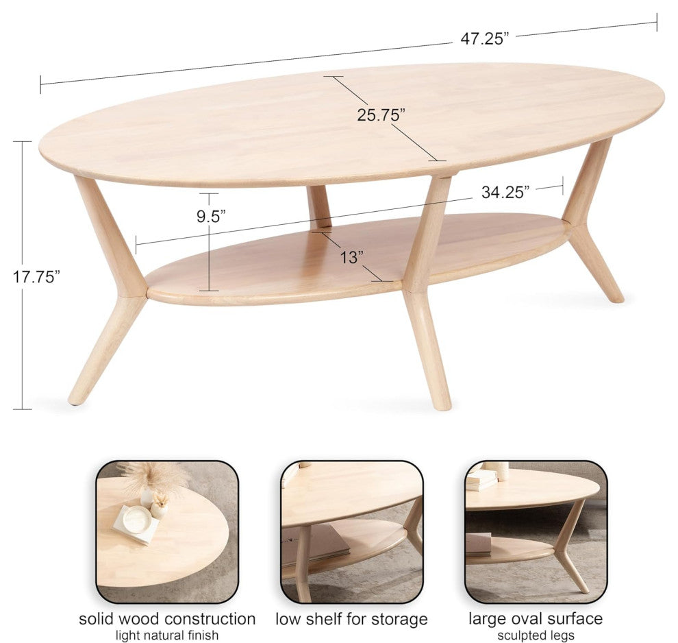 Black Oval Coffee Table with Bold Legs and Two-Tier Woodgrain Design, Natural