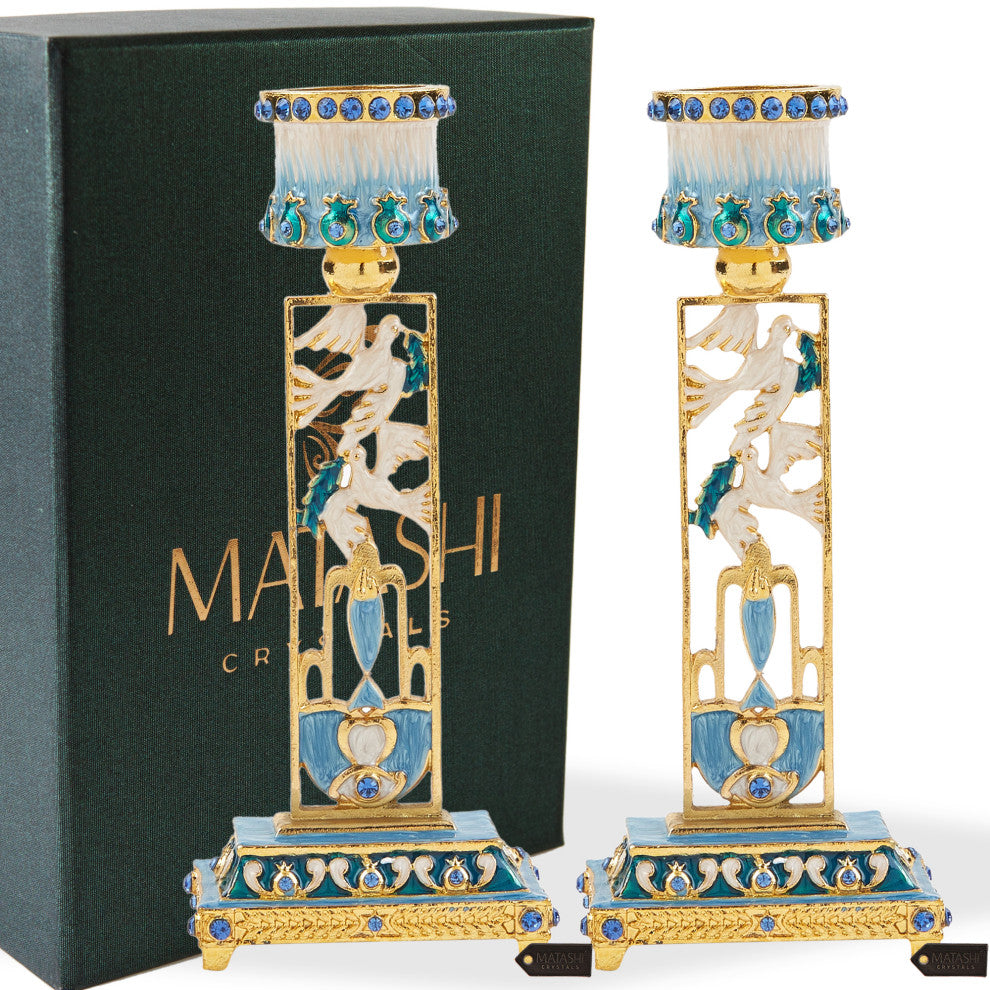 Matashi Shabbat Candlestick Holder (2-Piece Set) Hand-Painted,  Pewter
