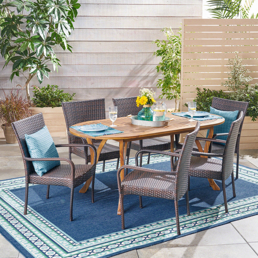 GDF Studio 7-Piece Fannie Outdoor Teak Acacia Wood and Wicker Dining Set