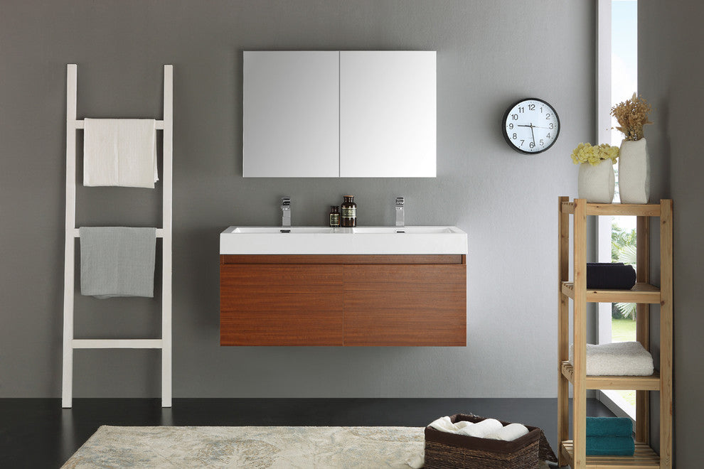 Mezzo 48" Teak Wall Hung Double Sink Modern Bathroom Vanity, FFT1030CH