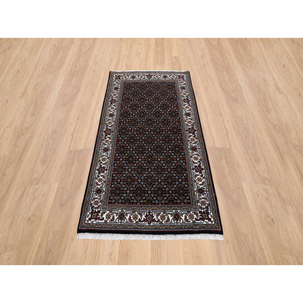 Black Hand Knotted Wool and Silk Herati 175 KPSI Oriental Rug, 3'0"x5'1"