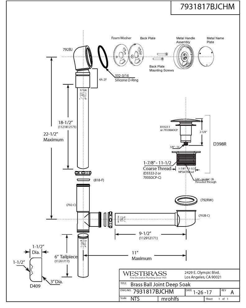 Patented Deep Soak Closing Overflow and Ball Joint, Polished Chrome