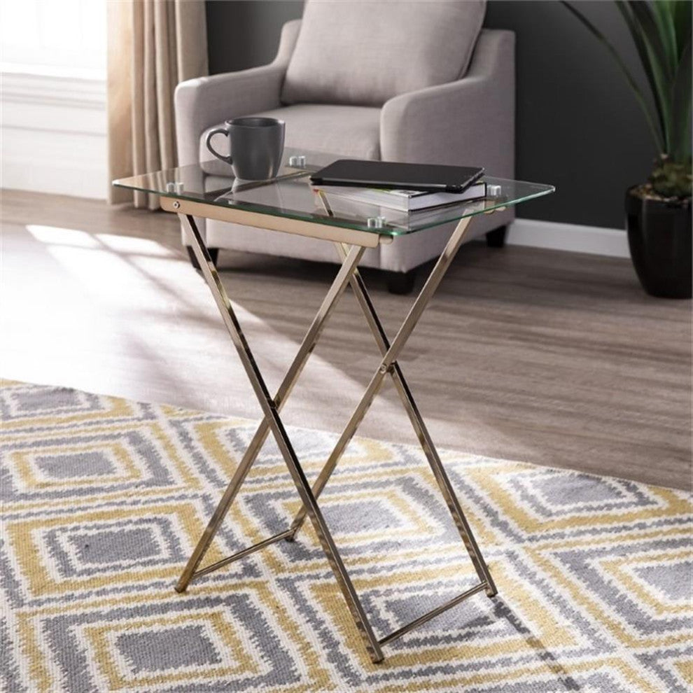 Pemberly Row Folding Glass Top Tray Table in Champagne Copper