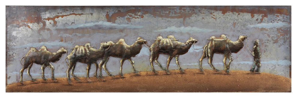 "Caravan" Camel Mixed Media Iron Hand Painted Dimensional Wall Art