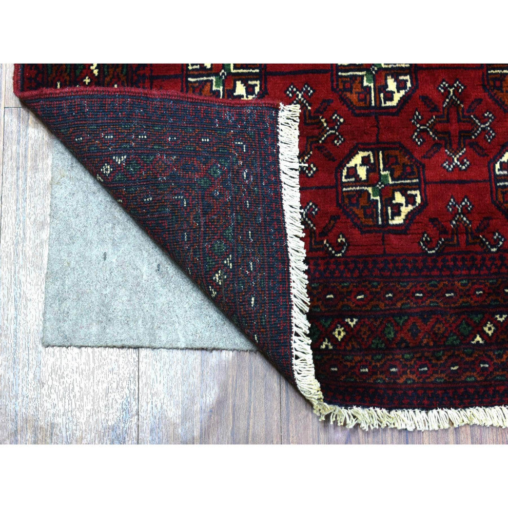 Red Afghan Khamyab Bokara Wool Tribal Hand Knotted Mat Oriental Rug, 2'7"x3'10"