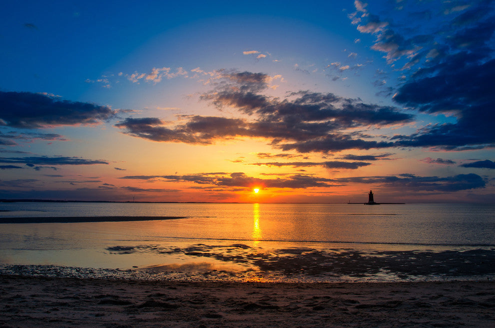 Sunset at Breakwater Lighthouse Coastal Landscape Unframed Wall Art Print, 24" X 36"