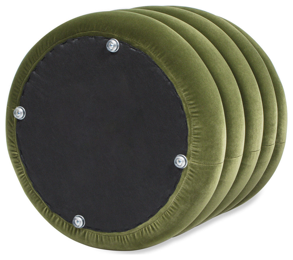 Fuji 19" Oversized Horizontal Tufted Round Storage Ottoman, Olive Green Performance Velvet